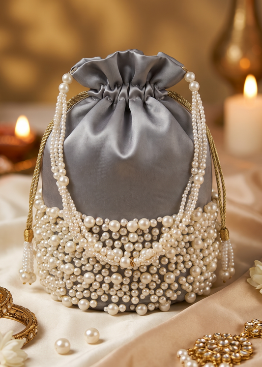 Pearl Embellished Grey Velvet Bridal Clutch Online in KSA Riyadh Saudi Arabia Oman Bahrain Qatar