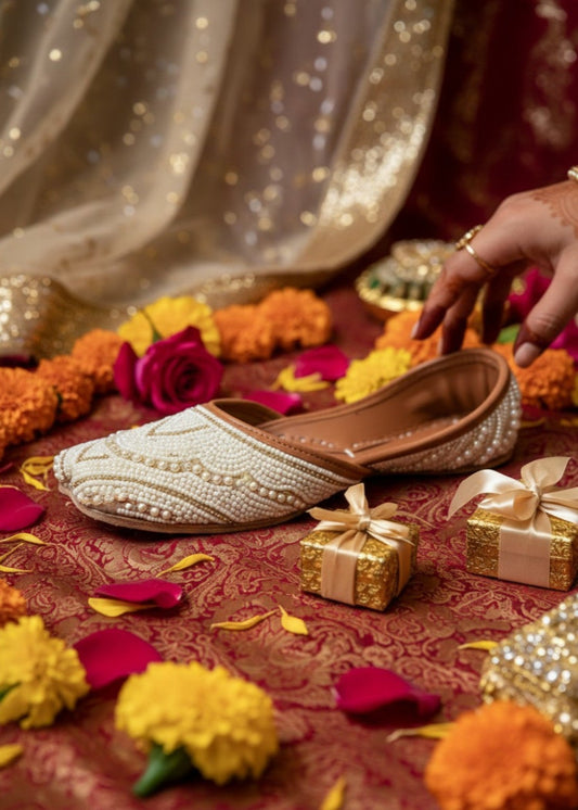 Pearl Embellished White Leather Jutti Online in UK USA Canada