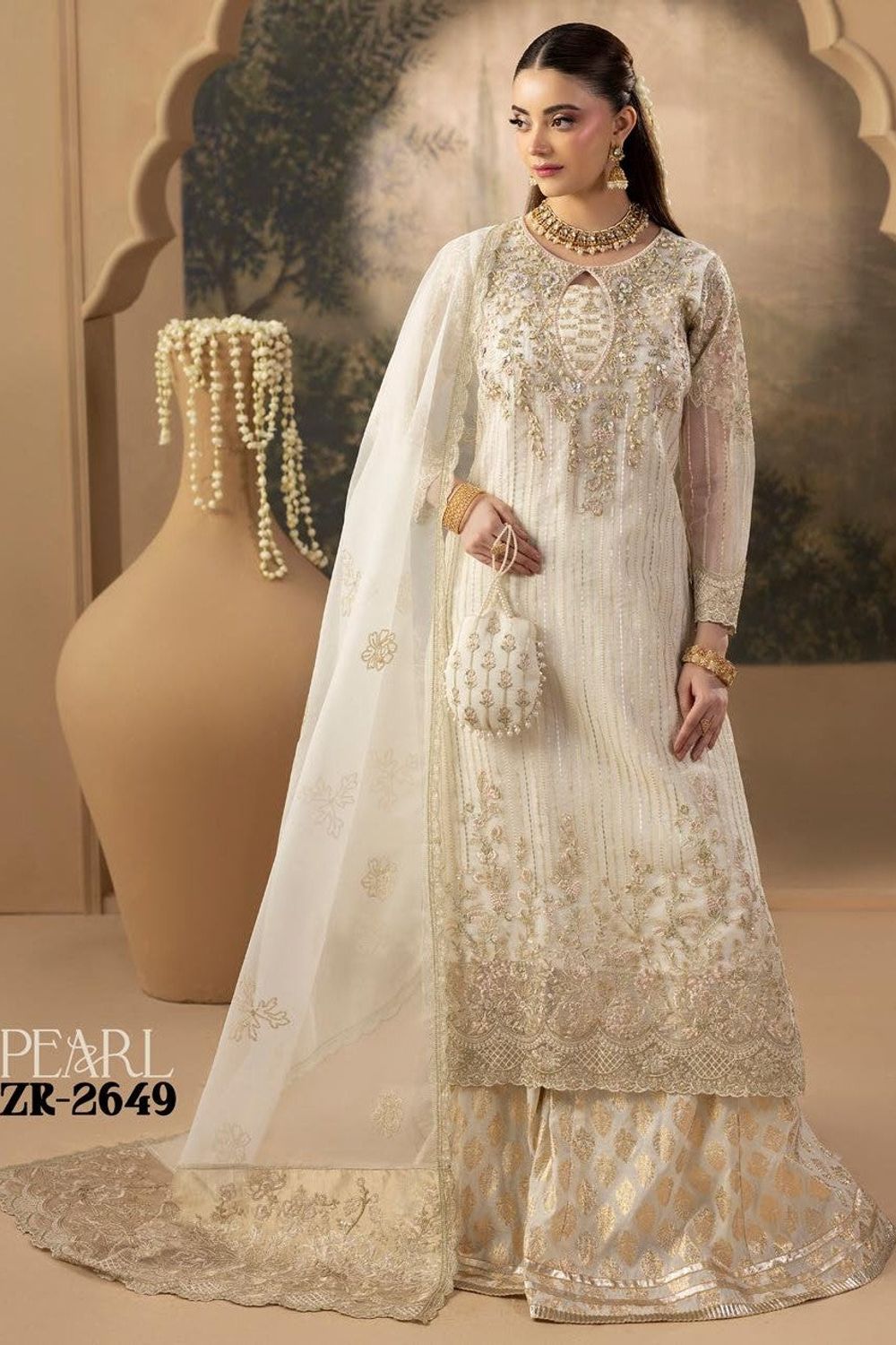Pearl Hand Embellished Organza Sharara Gharara Online in Dubai UAE Abudhabi Ajman Sharjah