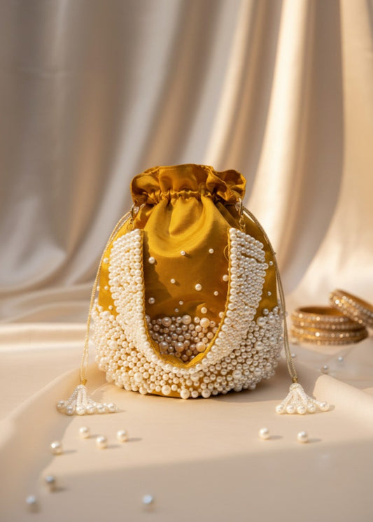 Pearl Handle Gold Drawstring Potli Clutch Online in KSA Riyadh Saudi Arabia Oman Bahrain Qatar