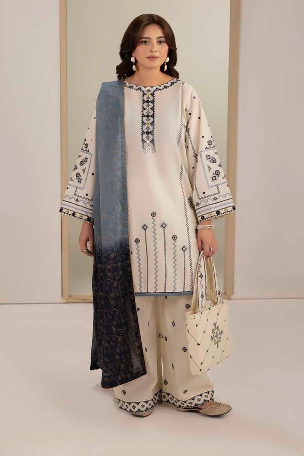 Pearl White Cotton Farshi Suit with Mirror Work Online in Dubai UAE Abudhabi Ajman Sharjah