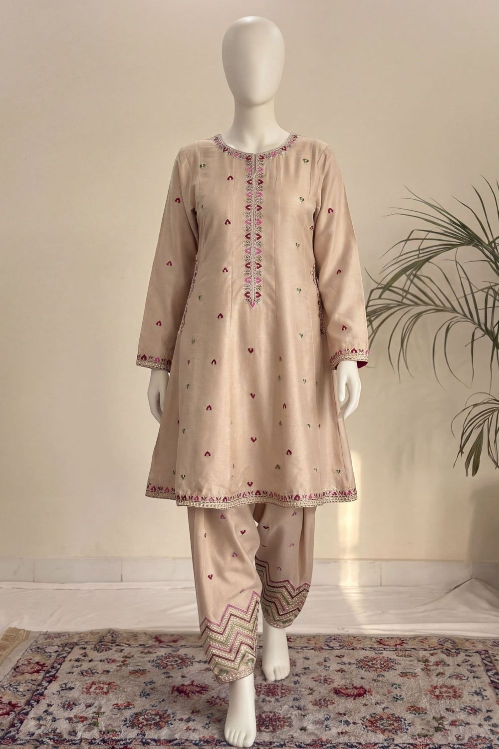 Pearl White Embroidered Dhanak Shalwar Kameez Online in Dubai UAE Abudhabi Ajman Sharjah
