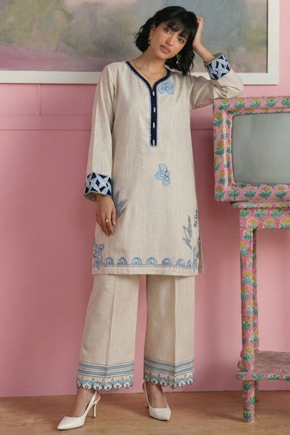 Pearl White Embroidered Khaddar Kurta Set Online in Dubai UAE Abudhabi Ajman Sharjah