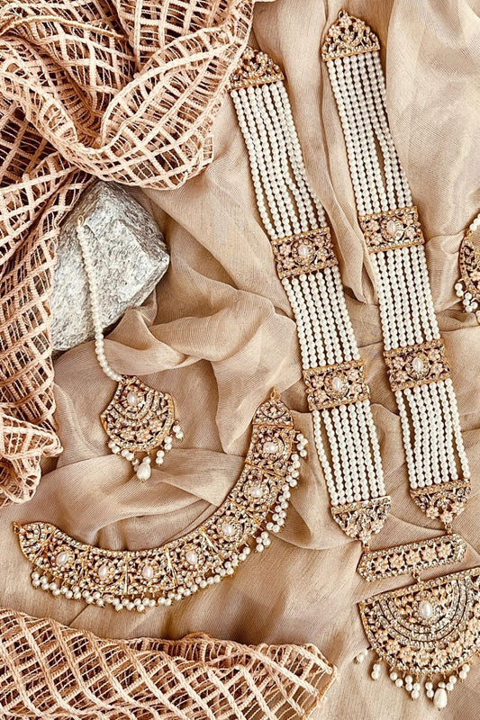 Pearl White Gold Plated Bridal Jewellery Set Online in Dubai UAE Abudhabi Ajman Sharjah