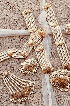 Pearl White Gold Plated Hyderabadi Bridal Set Online in Dubai UAE Abudhabi Ajman Sharjah