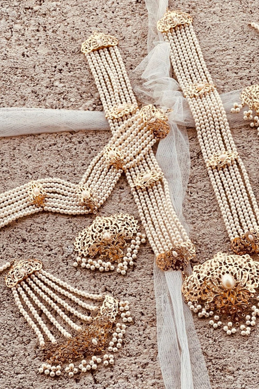 Pearl White Gold Plated Hyderabadi Bridal Set Online in Dubai UAE Abudhabi Ajman Sharjah