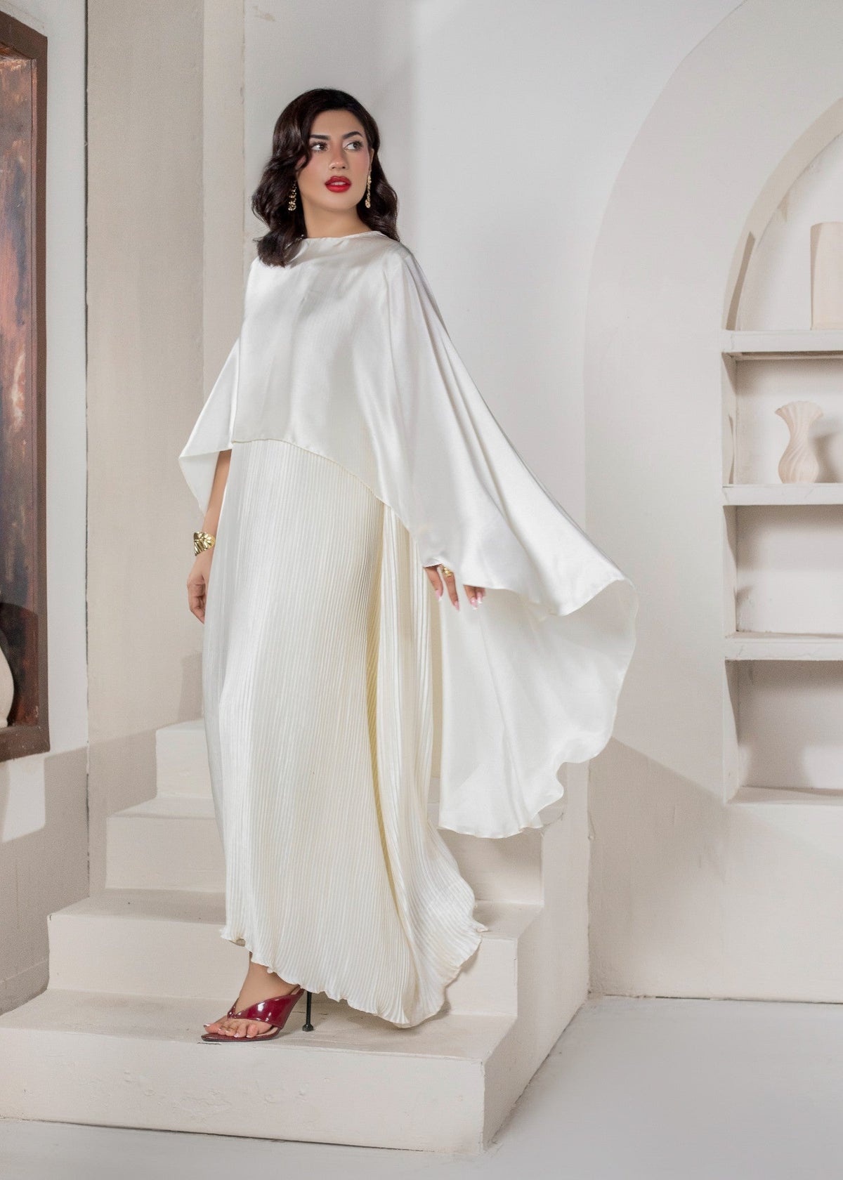 Pearl White Shamooz Silk Pleated Dress with Cape Online in KSA Riyadh Saudi Arabia Oman Bahrain Qatar