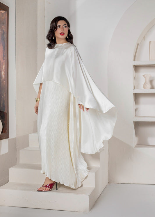 Pearl White Shamooz Silk Pleated Dress with Cape Online in KSA Riyadh Saudi Arabia Oman Bahrain Qatar