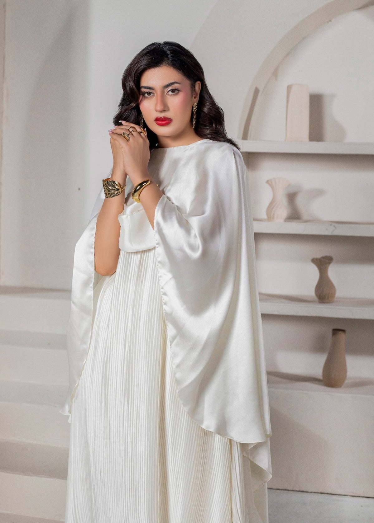 Pearl White Silk Charmeuse 3 Piece Dress Set Online in Dubai UAE Abudhabi Ajman Sharjah