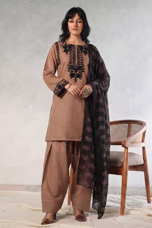 Pecan Brown Embroidered Lawn Kurta Shalwar Online in Dubai UAE Abudhabi Ajman Sharjah
