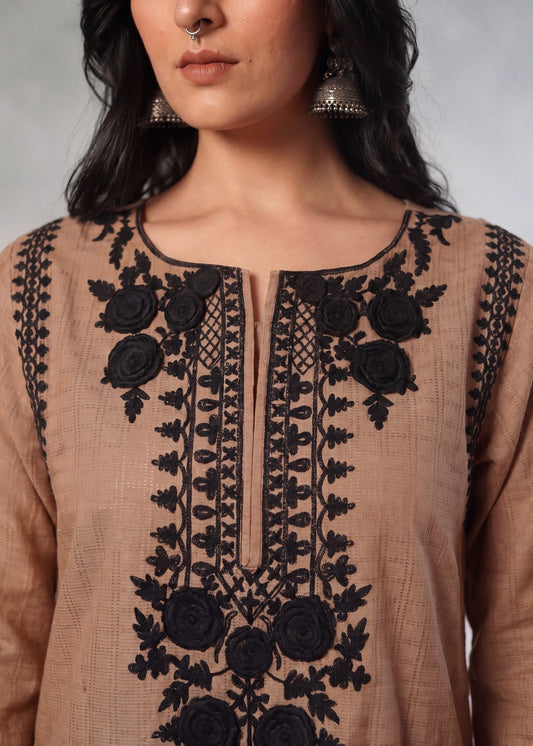 Pecan Brown Embroidered Lawn Readymade Suit Online in Sri Lanka India Australia