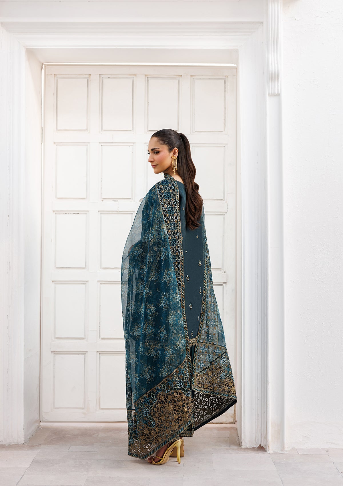 Pine Green Embroidered Organza Festive Suit Online in Sri Lanka India Australia