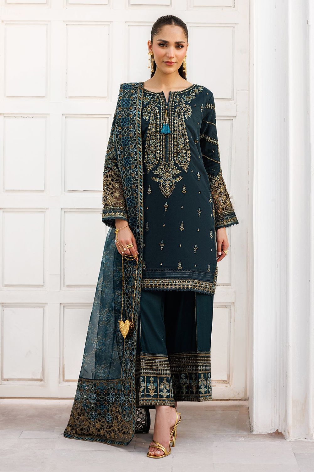 Pine Green Embroidered Organza Partywear Suit Online in Dubai UAE Abudhabi Ajman Sharjah
