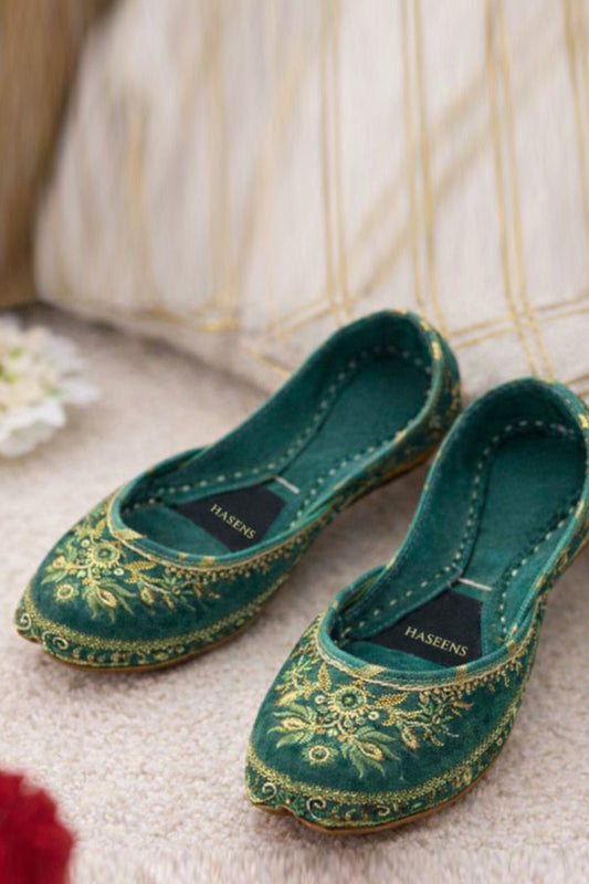 Pine Green Velvet Kolhapuri Mojari Online in Dubai UAE Abudhabi Ajman Sharjah