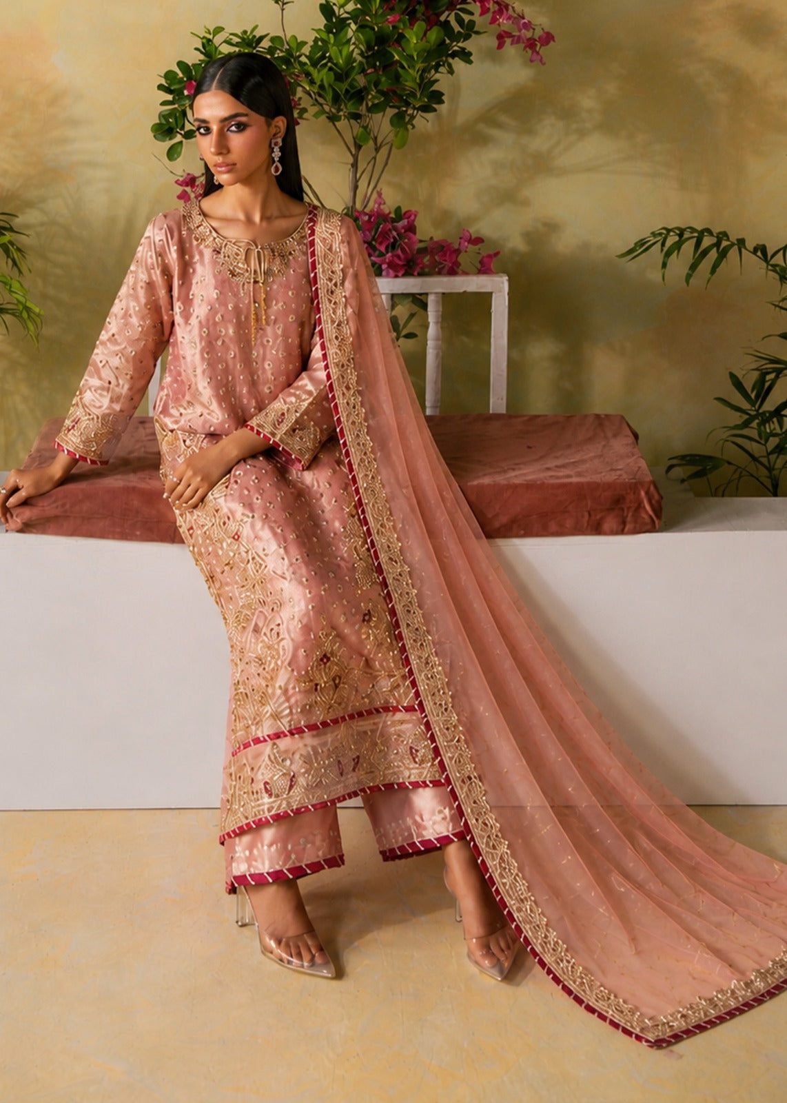 Pink Banarasi Embroidered Wedding Guest Wear Online in Dubai DXB UAE Abudhabi Meena Bazaar