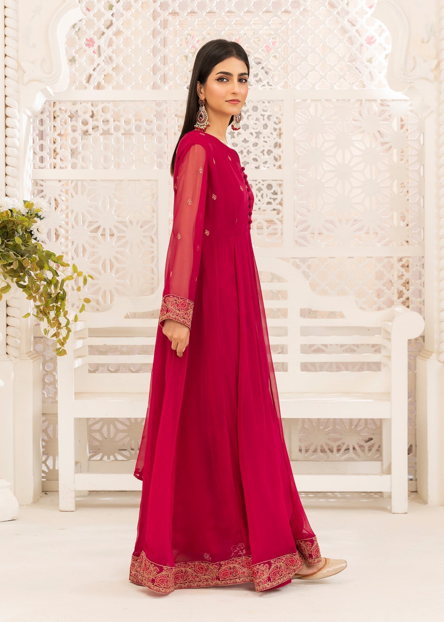 Pink Chiffon Flared Pishwas with Dupatta Online in Dubai DXB UAE Abudhabi Meena Bazaar