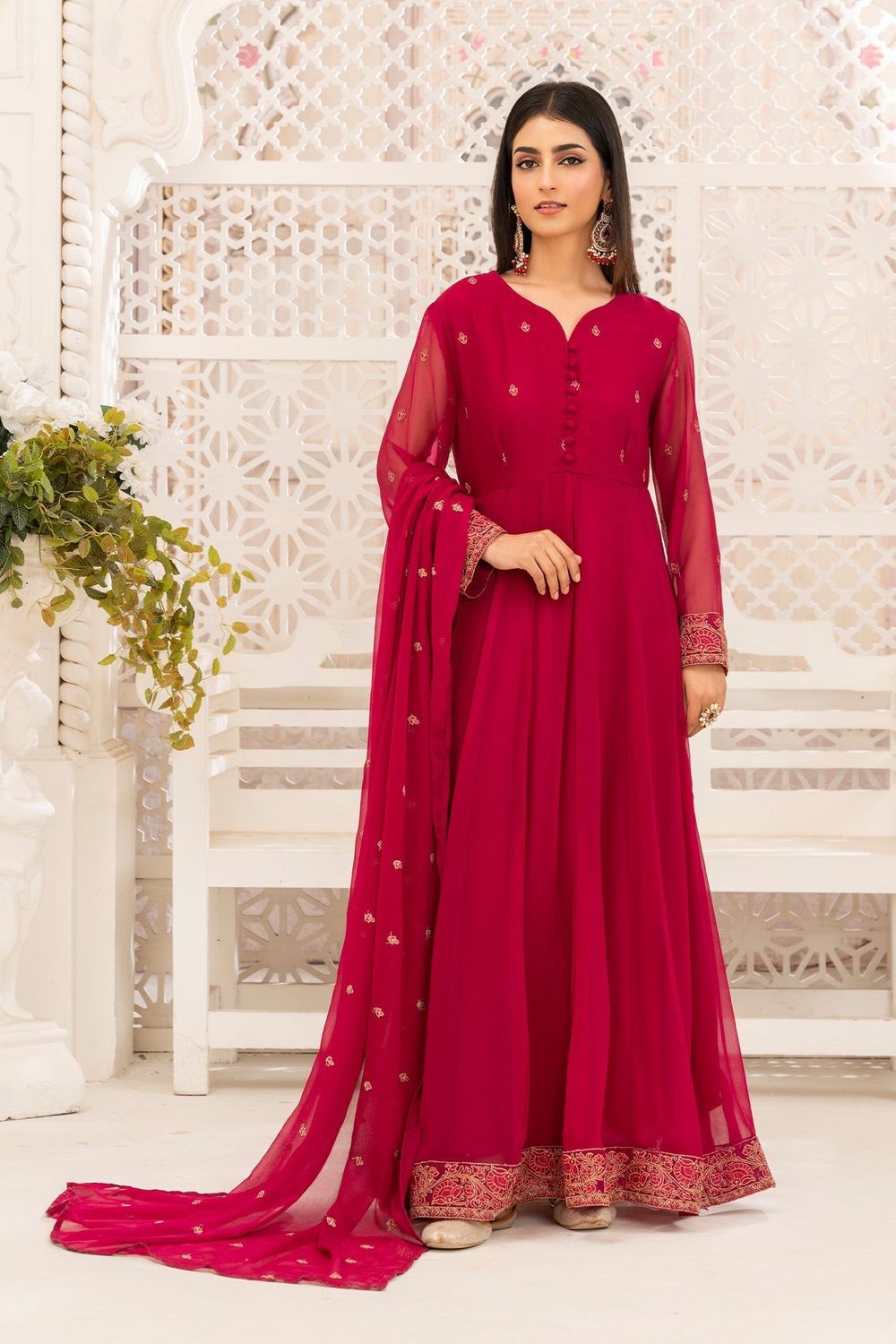 Pink Chiffon Flared Pishwas with Gold Tilla Border Online in Dubai UAE Abudhabi Ajman Sharjah