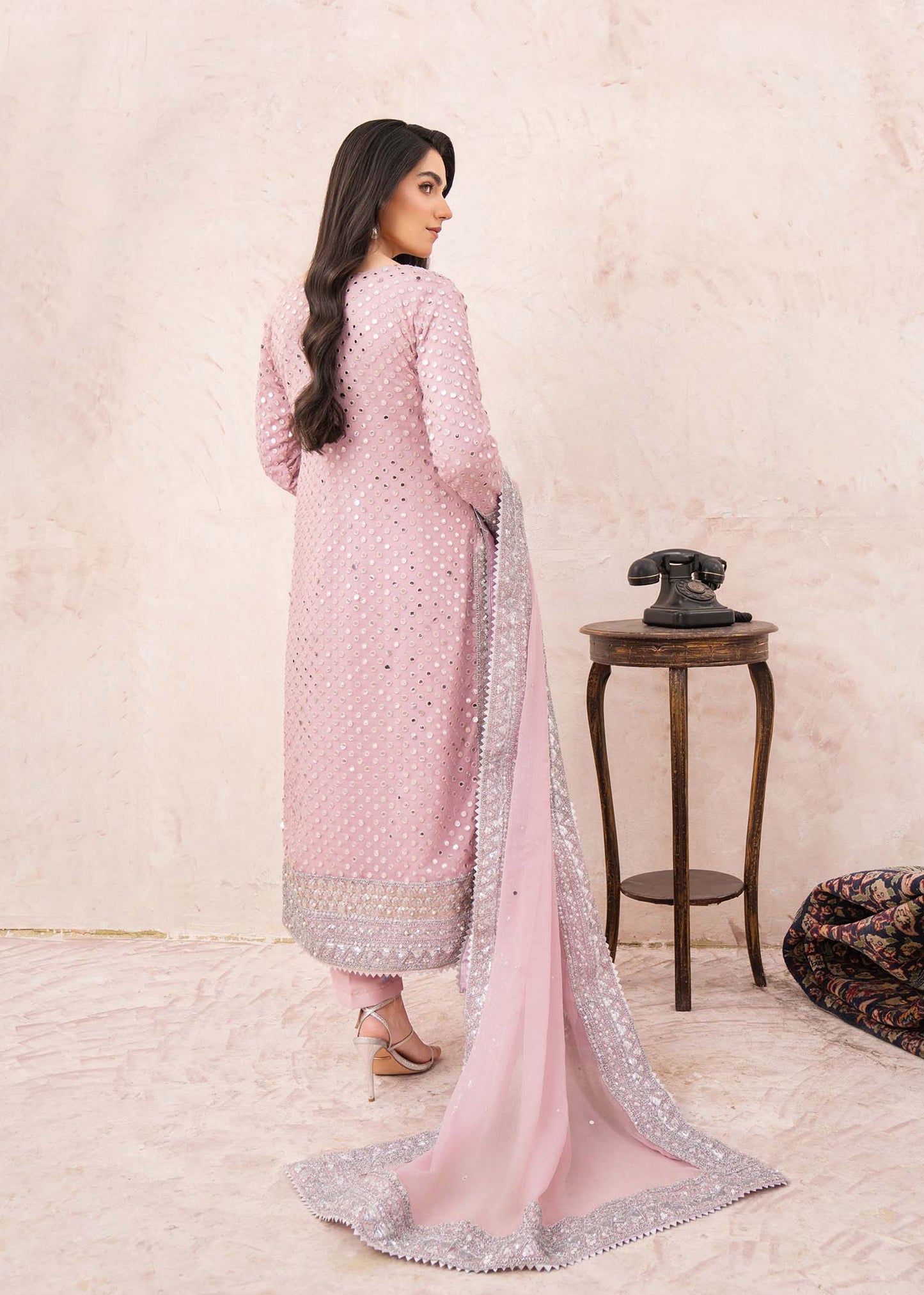 Pink Chiffon Raw Silk Straight Trouser Suit Online in Dubai UAE Abudhabi Ajman Sharjah