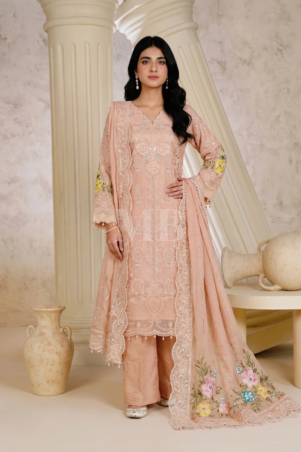 Pink Chiffon Ready to Wear Suit with Organza Dupatta Online in Dubai UAE Abudhabi Ajman Sharjah