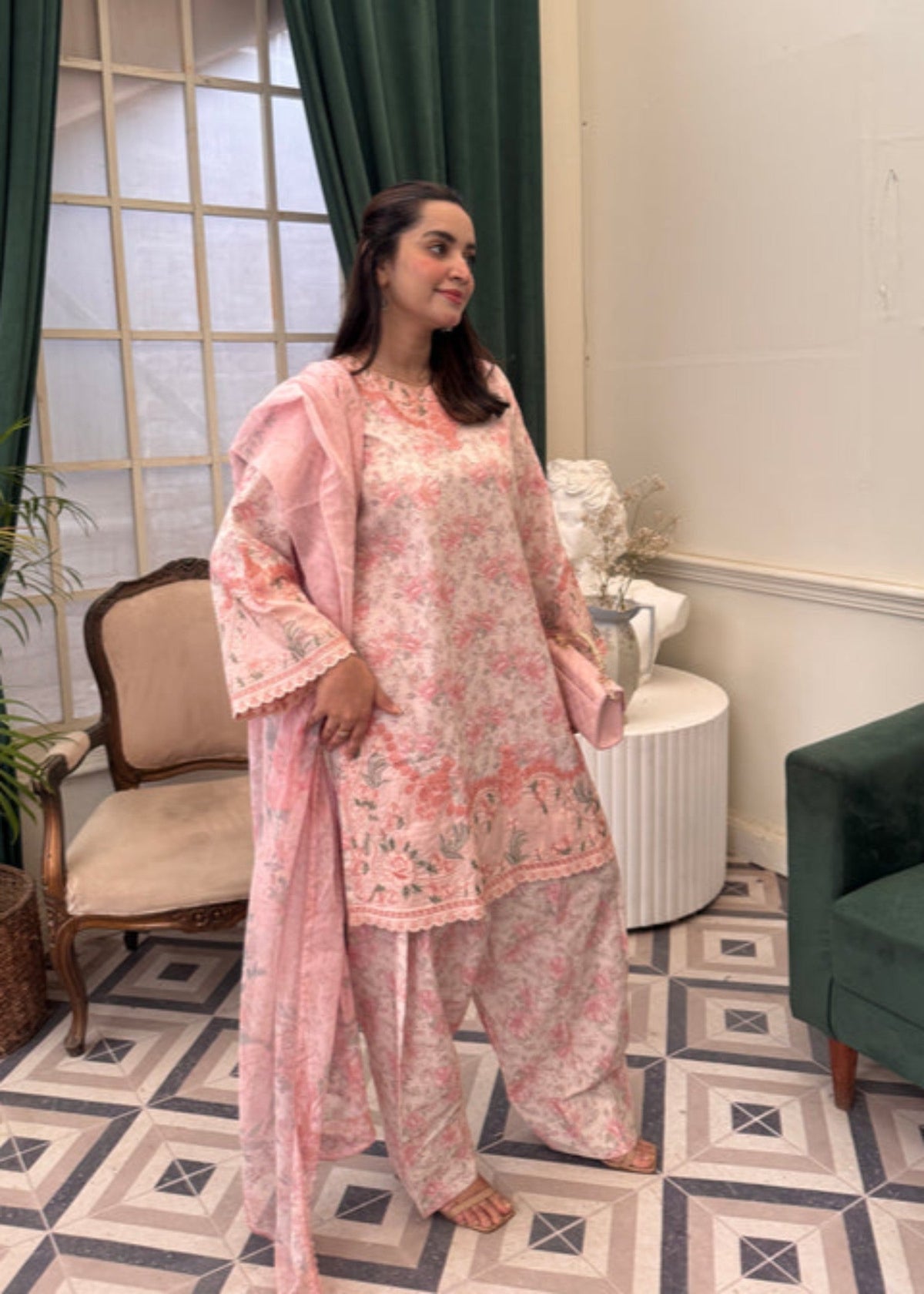 Pink Cotton 3 Piece Unstitched Dress Material Online in UK USA Canada