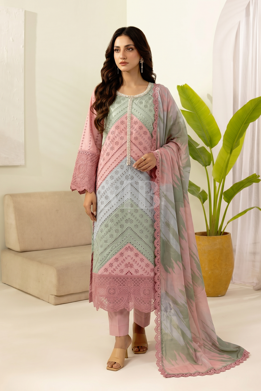Pink Cotton Frock with Silk Dupatta Salwar Kameez Online in Dubai UAE Abudhabi Ajman Sharjah
