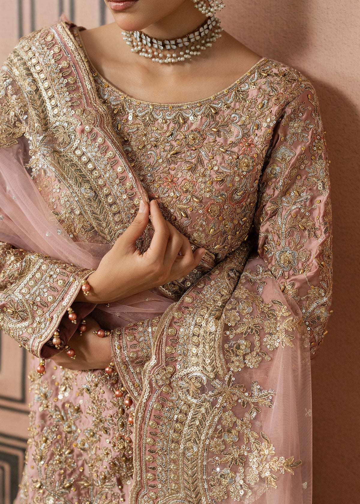 Pink Embroidered Charmuse Pakistani Designer Suit Online in Dubai DXB UAE Abudhabi Meena Bazaar