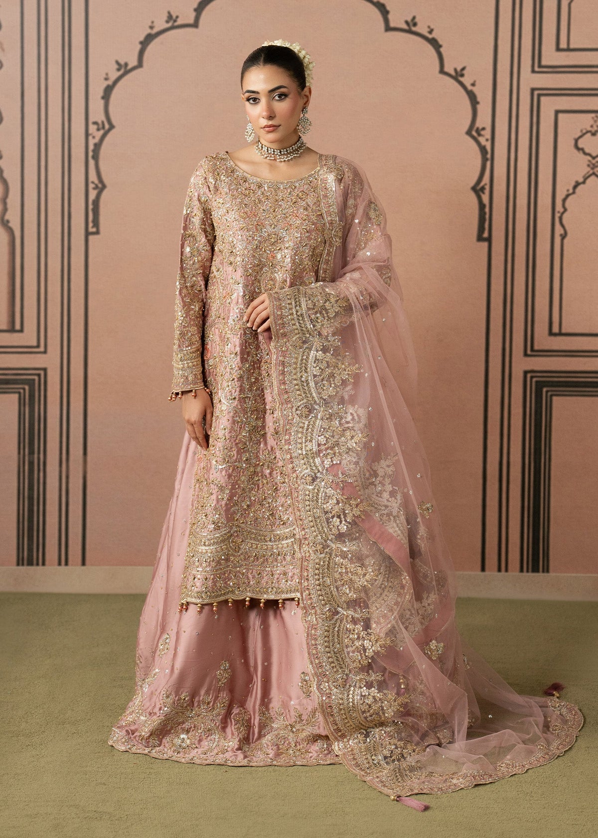 Pink Embroidered Charmuse Sharara Gharara Online in KSA Riyadh Saudi Arabia Oman Bahrain Qatar