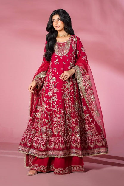 Pink Embroidered Chiffon Frock with Flapper Trousers Online in Dubai UAE Abudhabi Ajman Sharjah