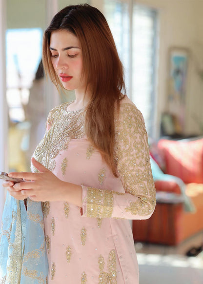 Pink Embroidered Chiffon Gharara with Dupatta Online in Dubai UAE Abudhabi Ajman Sharjah