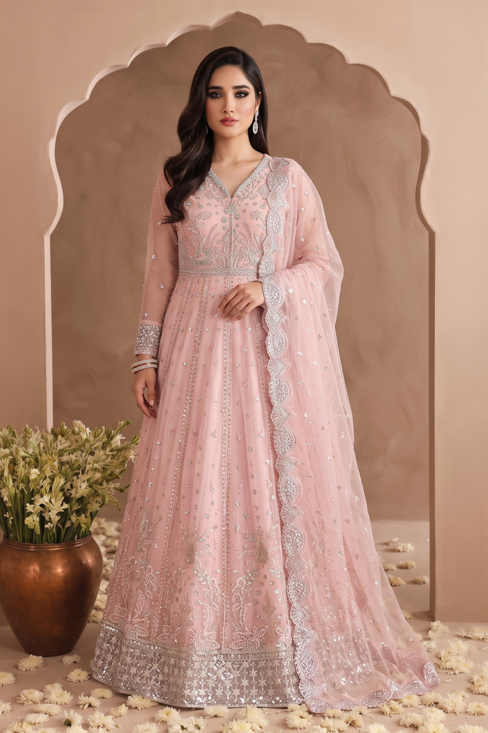Pink Embroidered Chiffon Maxi Dress Online in Dubai UAE Abudhabi Ajman Sharjah