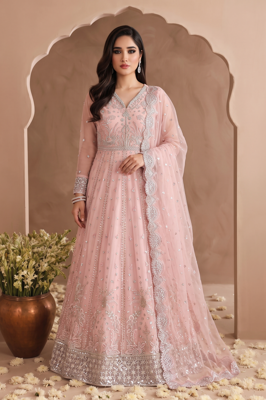 Pink Embroidered Chiffon Maxi Dress Online in Dubai UAE Abudhabi Ajman Sharjah