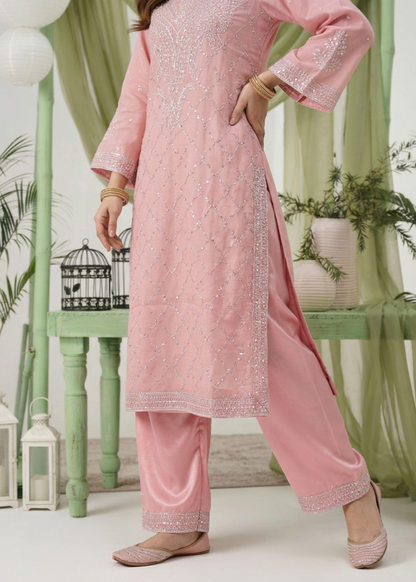 Pink Embroidered Chiffon Party Wear Salwar Suit Online in Dubai UAE Abudhabi Ajman Sharjah