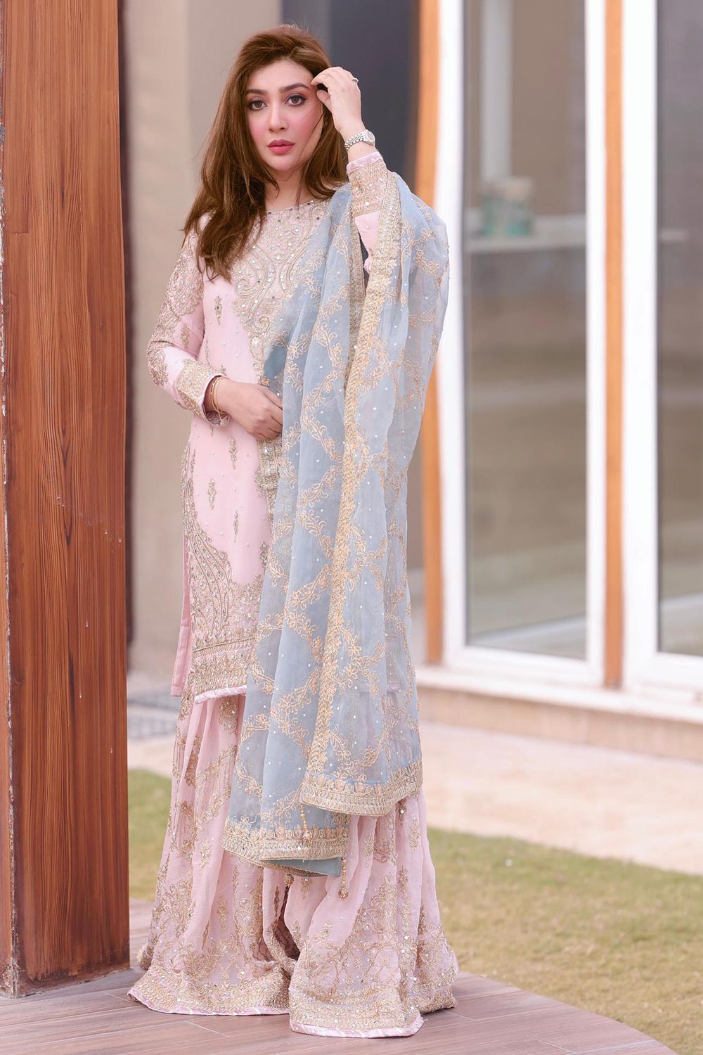 Pink Embroidered Chiffon Partywear Gharara Online in Dubai UAE Abudhabi Ajman Sharjah