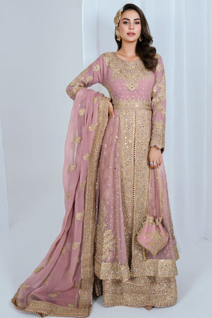 Pink Embroidered Chiffon Partywear Gown Online in Dubai UAE Abudhabi Ajman Sharjah