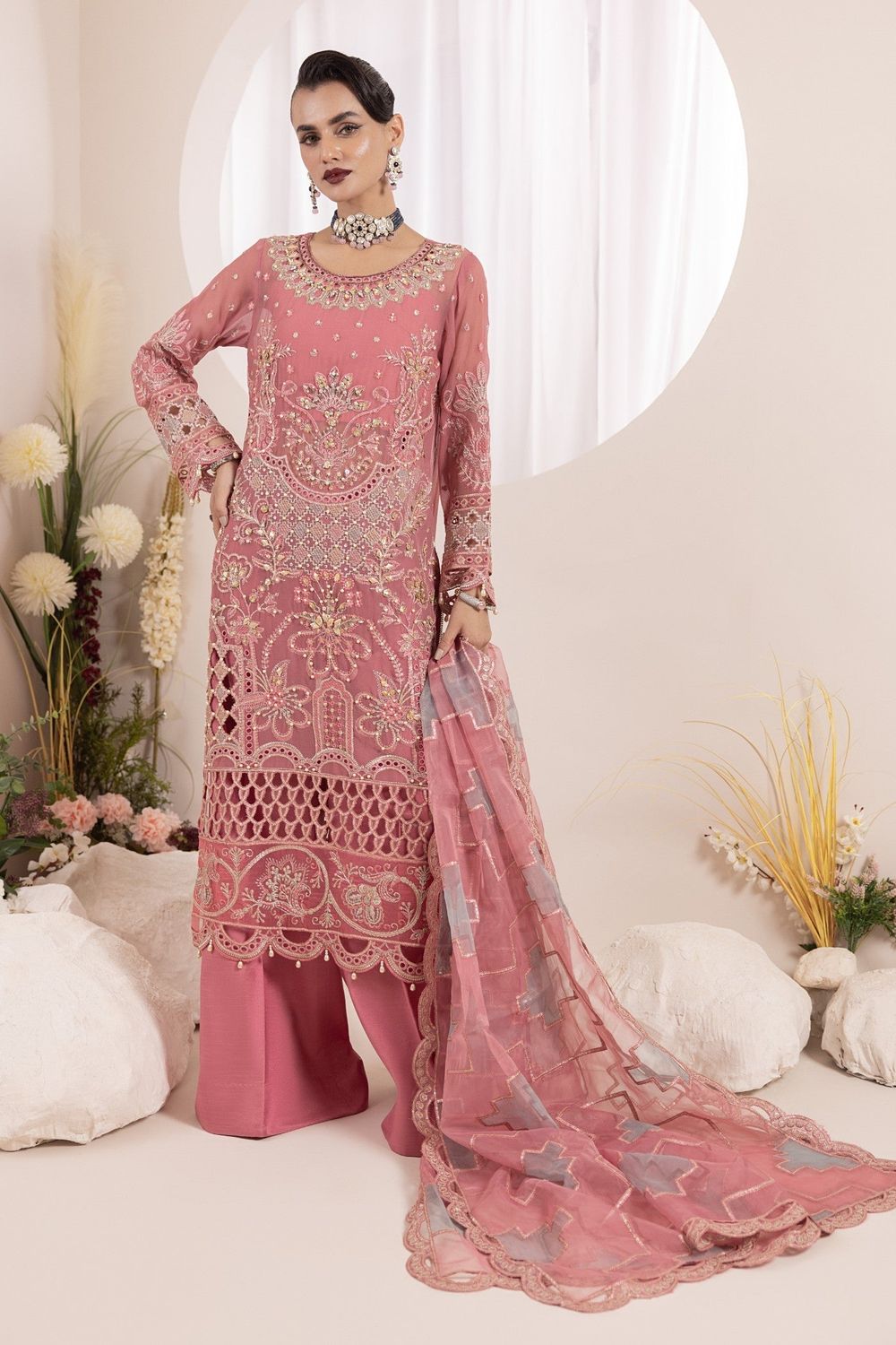 Pink Embroidered Chiffon Raw Silk Partywear Suit Online in Dubai UAE Abudhabi Ajman Sharjah