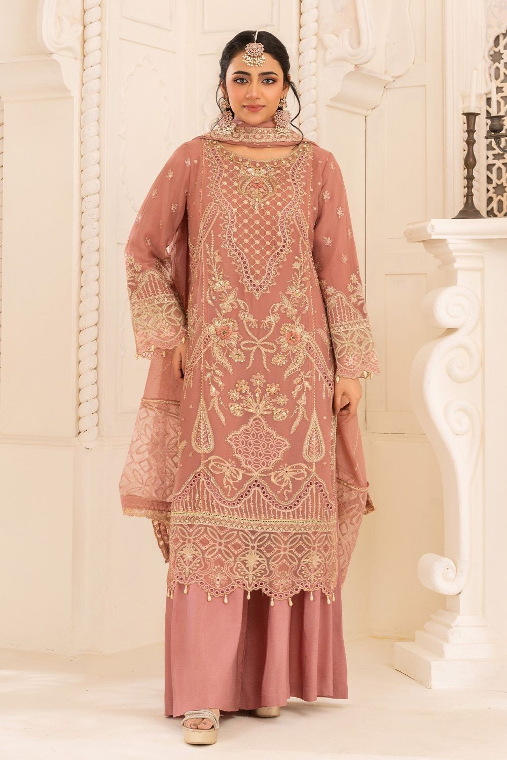 Pink Embroidered Chiffon Sharara Gharara Online in Dubai UAE Abudhabi Ajman Sharjah
