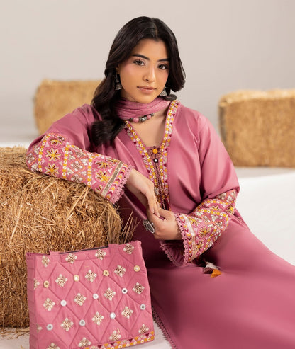Pink Embroidered Cotton 3 Piece Suit with Bag Online in KSA Riyadh Saudi Arabia Oman Bahrain Qatar