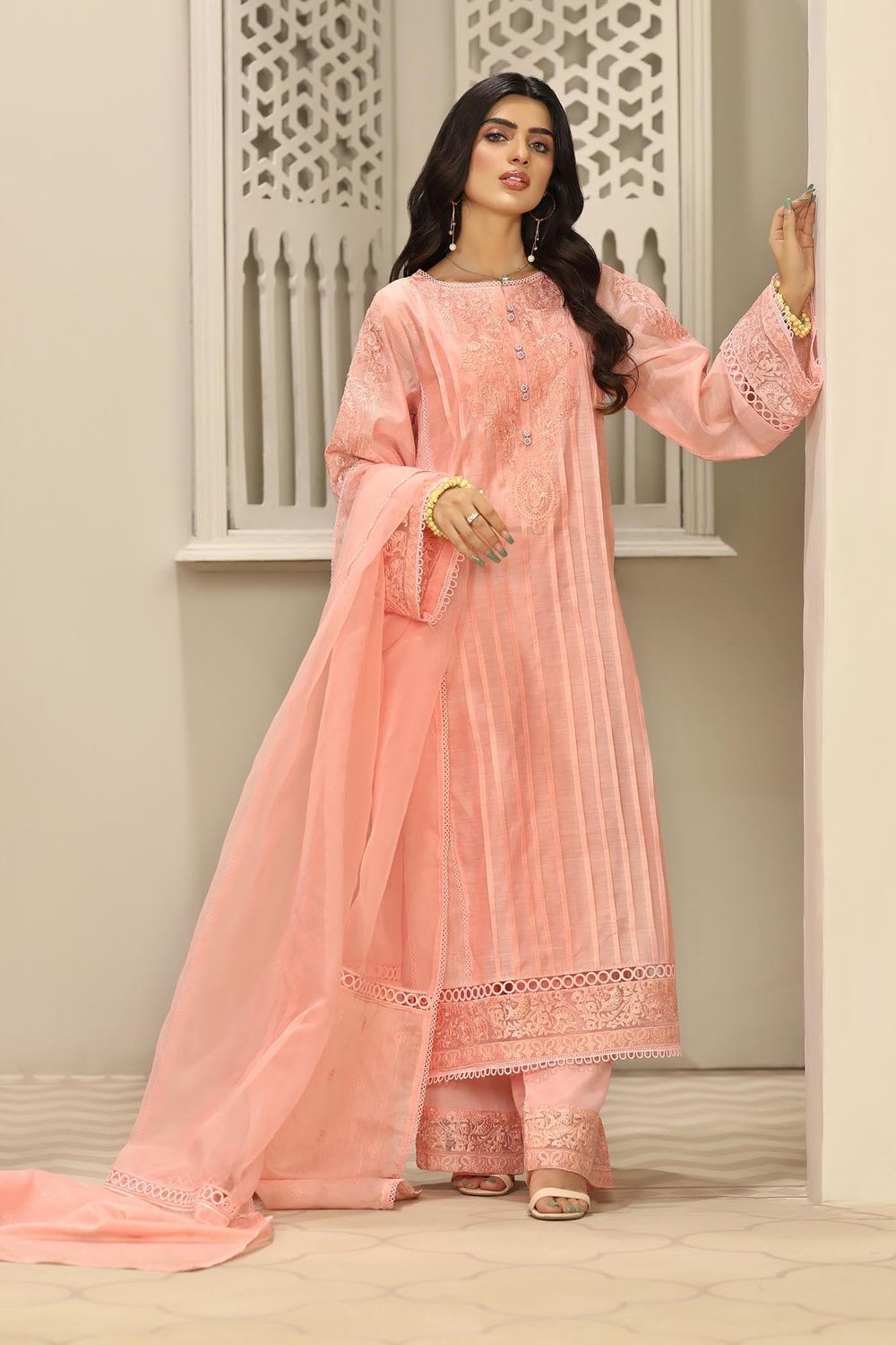 Pink Embroidered Cotton Raw Silk Organza Partywear Suit Online in Dubai UAE Abudhabi Ajman Sharjah