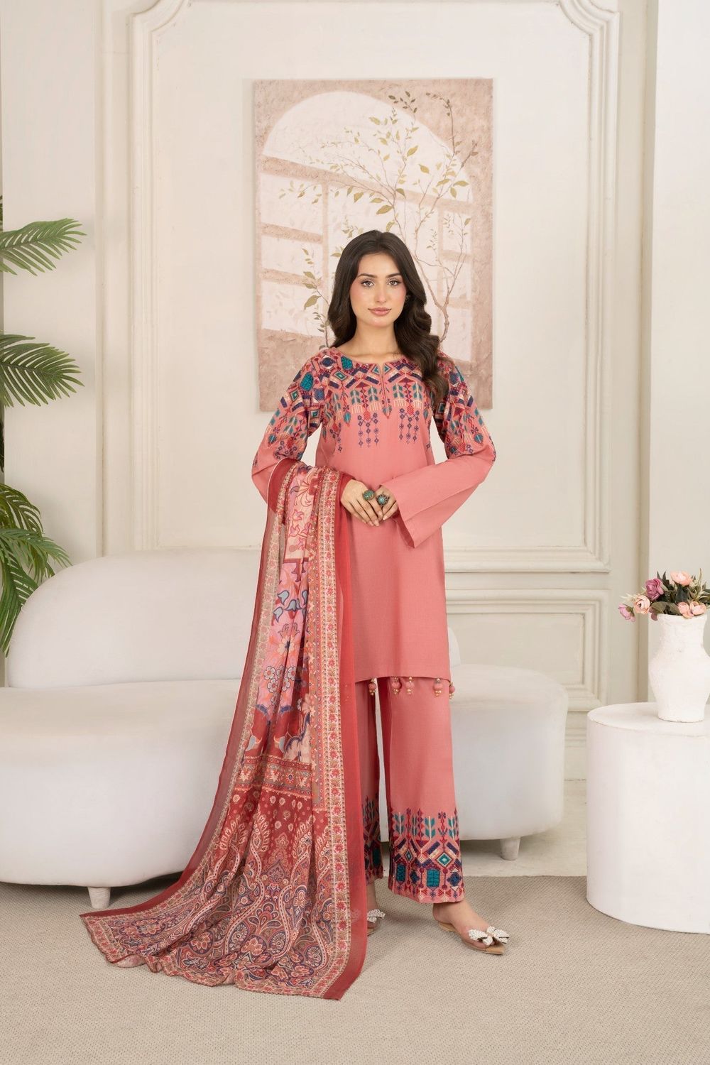 Pink Embroidered Cotton Straight Kurta Suit Online in Dubai UAE Abudhabi Ajman Sharjah