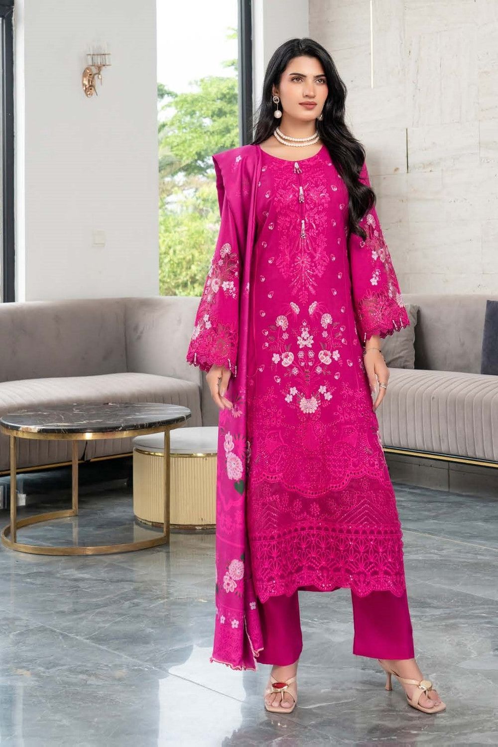Pink Embroidered Dhanak Partywear Suit Online in Dubai UAE Abudhabi Ajman Sharjah