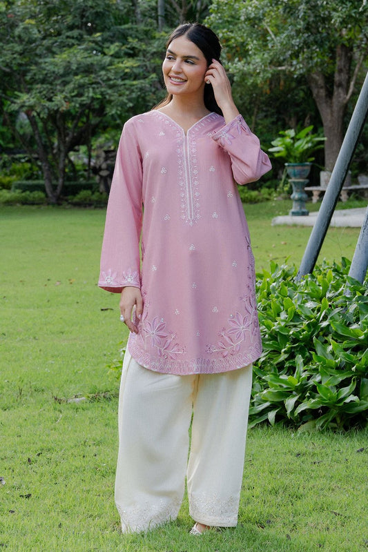 Pink Embroidered Khaddar Kurta Set Online in Dubai UAE Abudhabi Ajman Sharjah