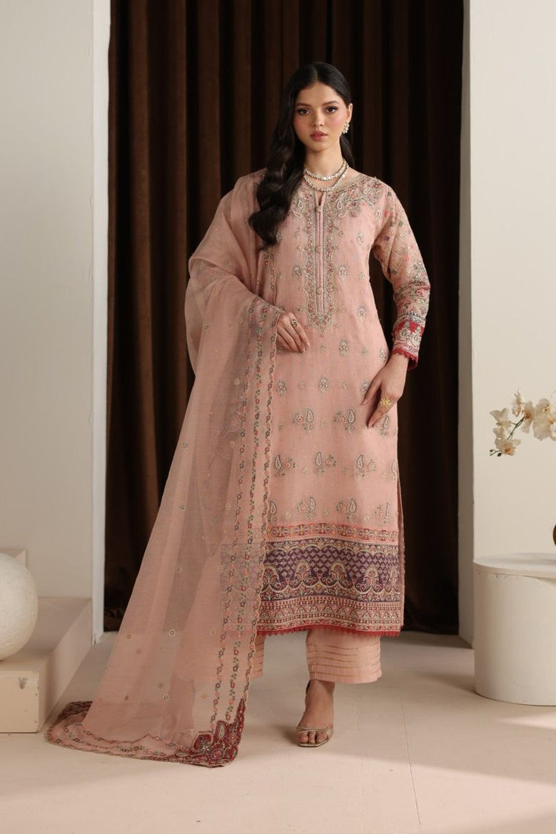 Pink Embroidered Khaddi Net Partywear Suit Online in Dubai UAE Abudhabi Ajman Sharjah