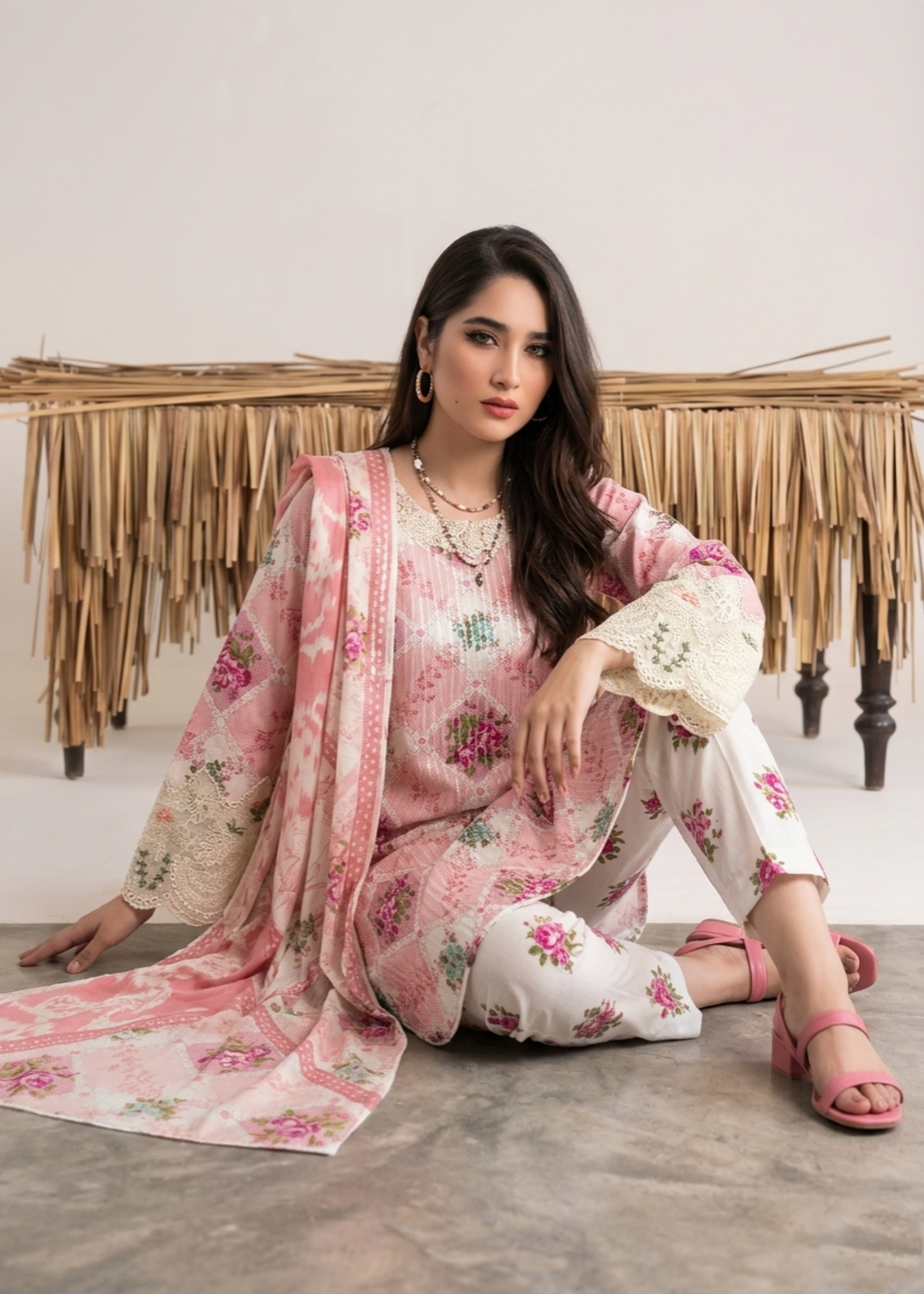 Pink Embroidered Lawn 3 Piece Suit Online in Sri Lanka India Australia