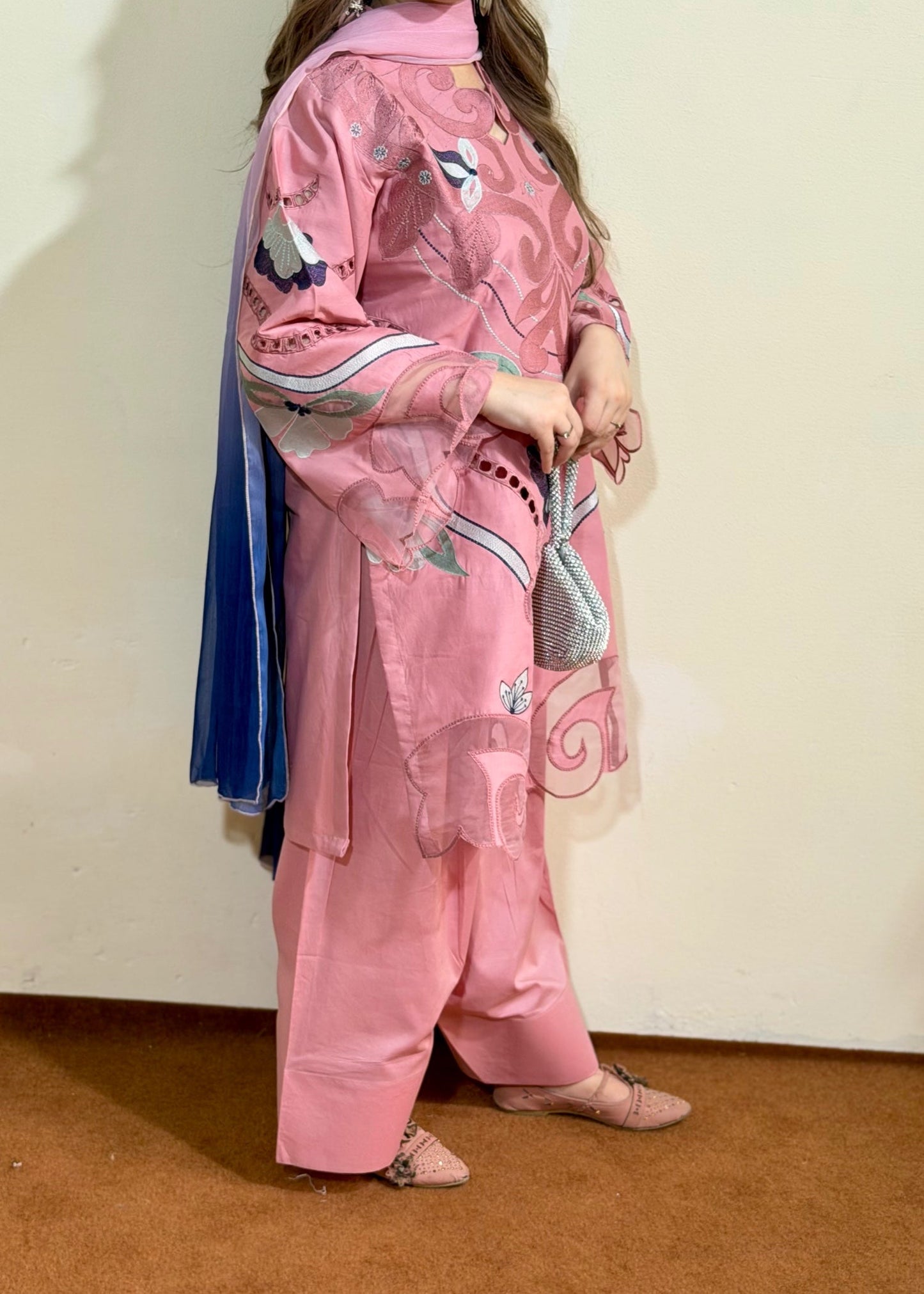Pink Embroidered Lawn Farshi Shalwar Pakistani Suit Online in UK USA Canada