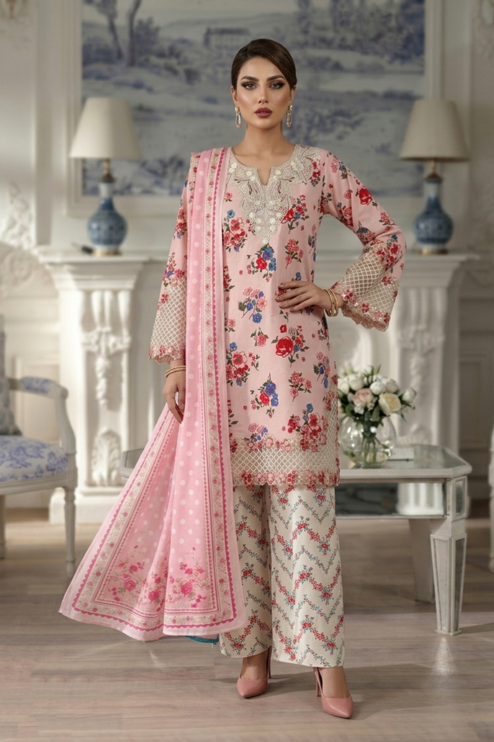Pink Embroidered Lawn Festive Party Wear Suit Online in Dubai UAE Abudhabi Ajman Sharjah