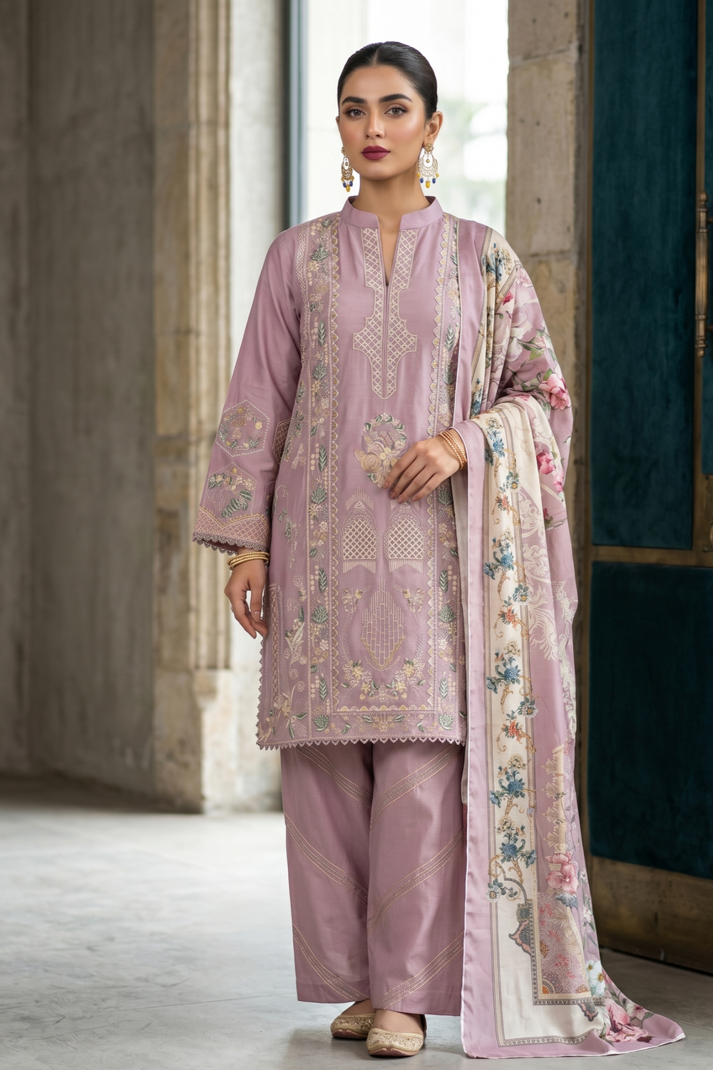 Pink Embroidered Lawn Festive Suit Online in Dubai UAE Abudhabi Ajman Sharjah
