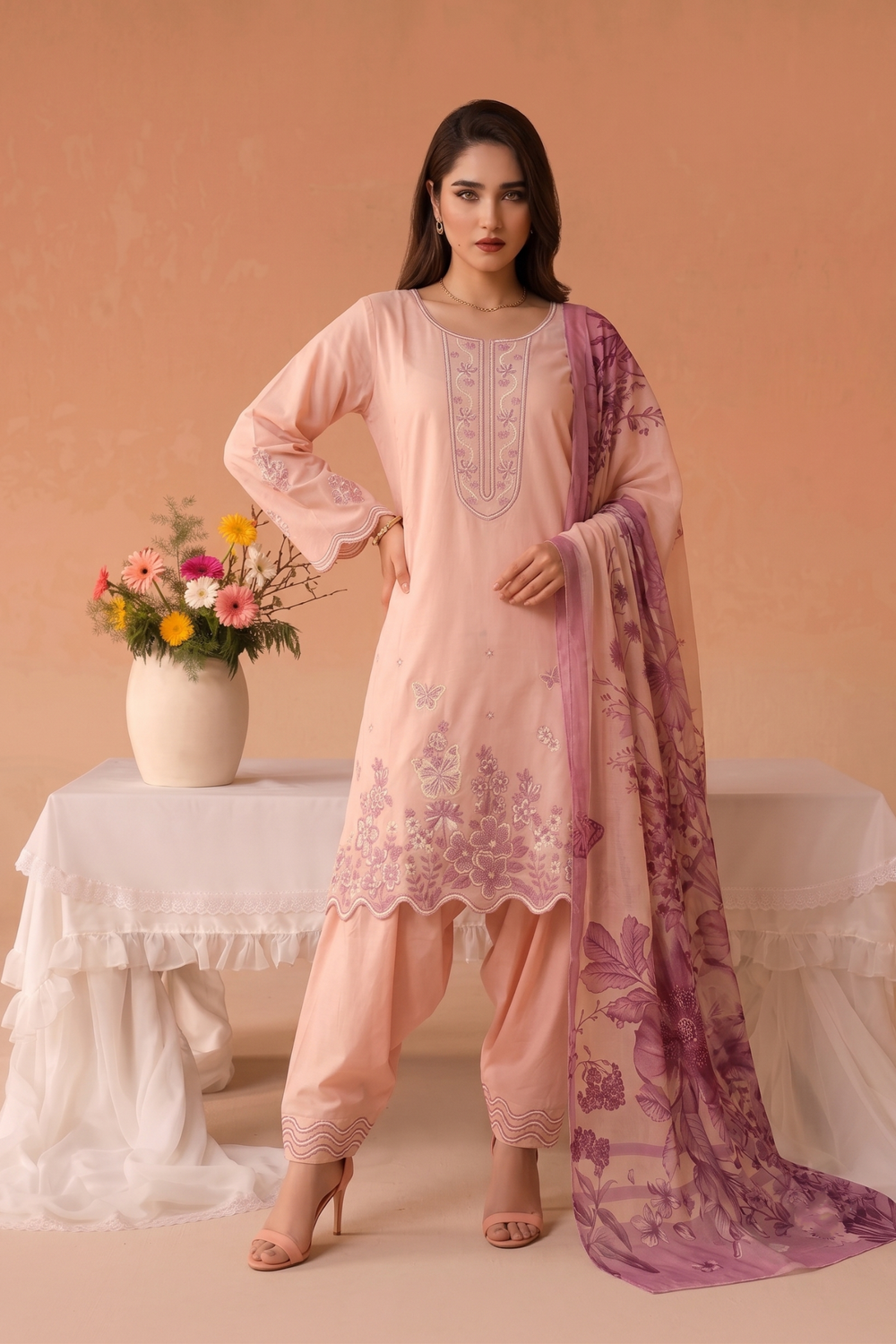 Pink Embroidered Lawn Festive Suit Online in Dubai UAE Abudhabi Ajman Sharjah