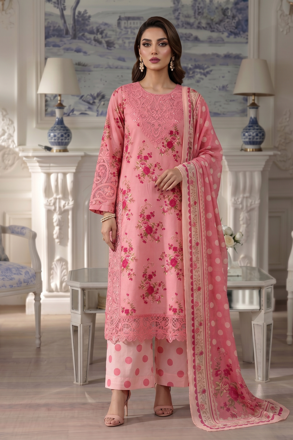 Pink Embroidered Lawn Festive Wear Suit Online in Dubai UAE Abudhabi Ajman Sharjah