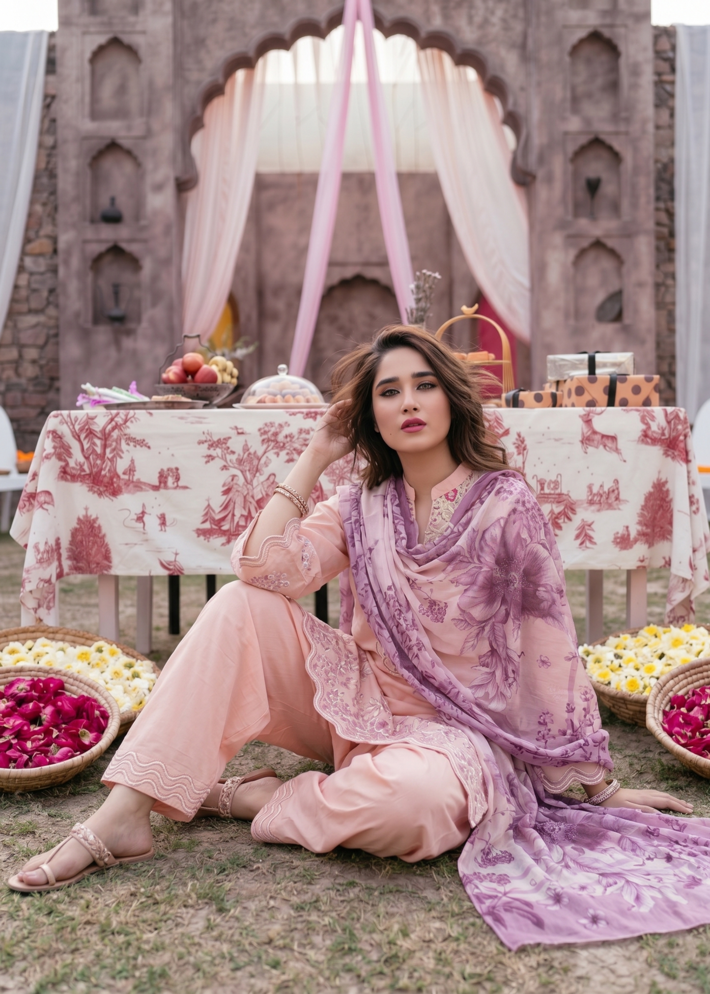 Pink Embroidered Lawn Kurta with Dupatta Online in Dubai UAE Abudhabi Ajman Sharjah