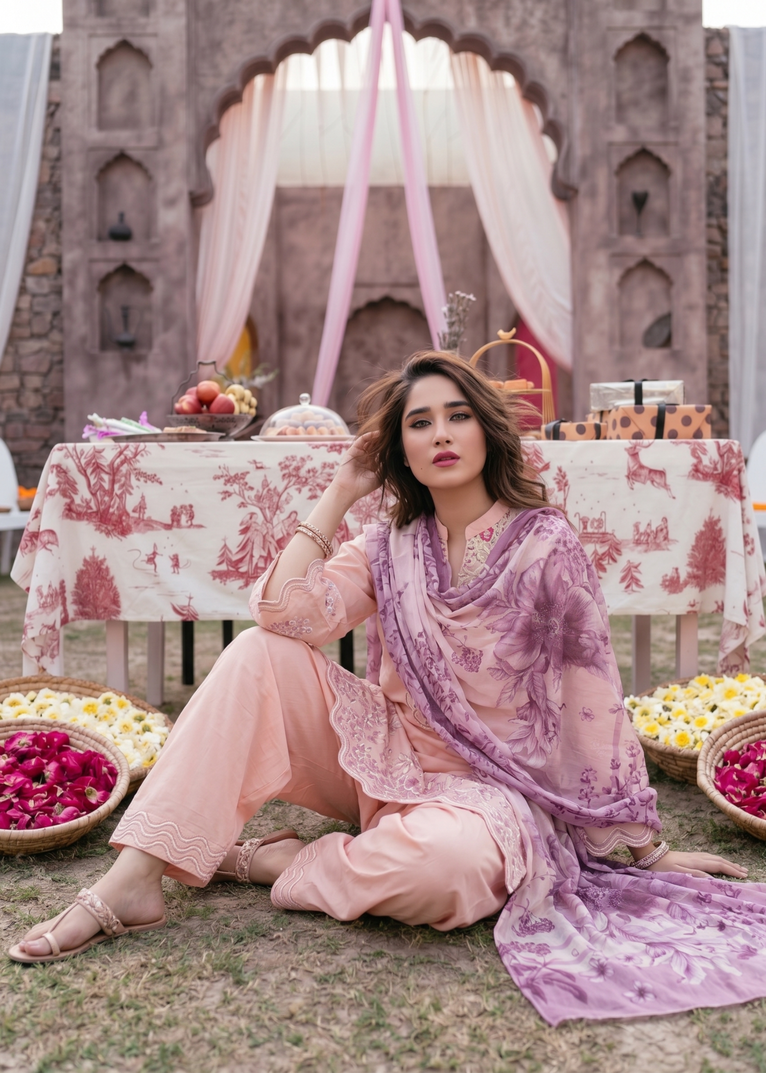 Pink Embroidered Lawn Kurta with Dupatta Online in Dubai UAE Abudhabi Ajman Sharjah
